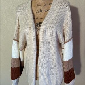 Pink Lily Cream and Brown Striped Cardigan, Open front, Oversized